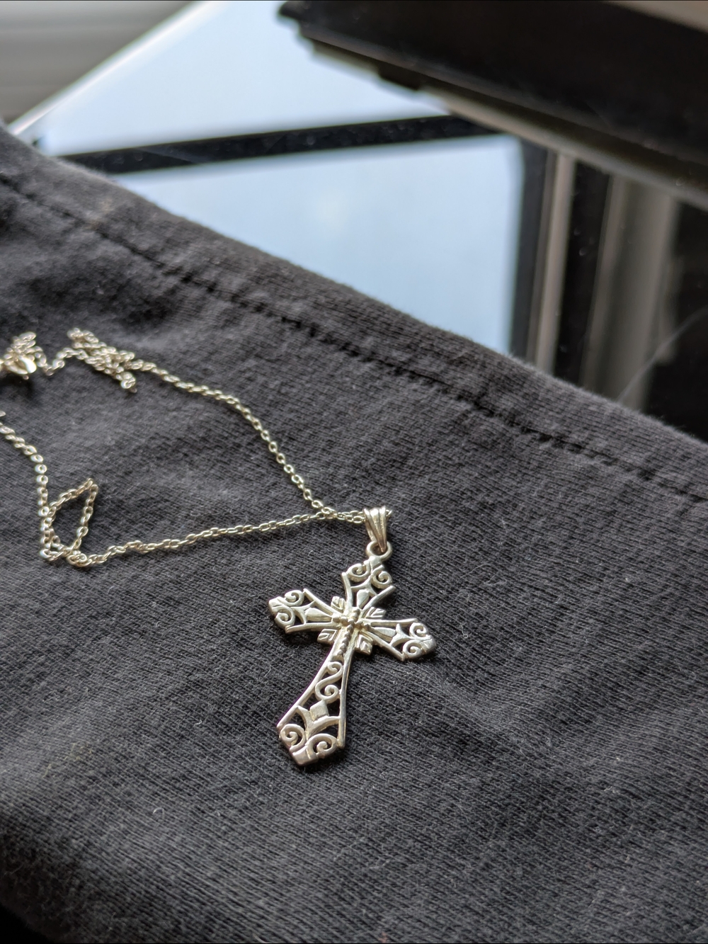 White Gold Plated Ornate Cross Pendant Necklace